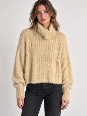 Free People FP One Cream Fuzzy Eyelash Knit Turtleneck Sweater XS
